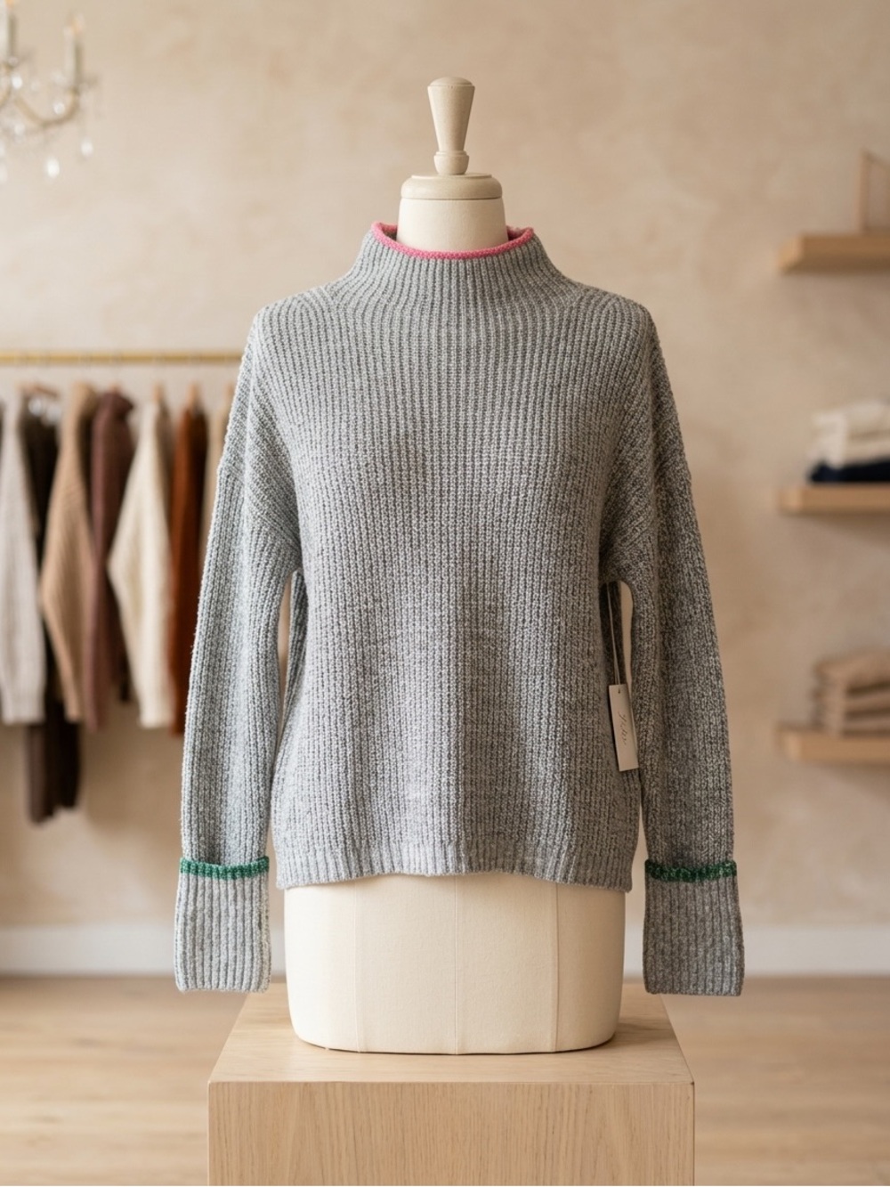 FATE Women's Grey Ribbed Mock Neck Sweater with Pink and Green Trim